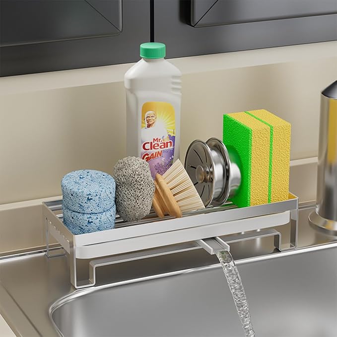 Sink Caddy Organizer, Stainless Steel Kitchen Sponge Holder, Silver, Auto-Drain Design, Countertop Storage Shelf, 9.6x3.3x2.1 Inches