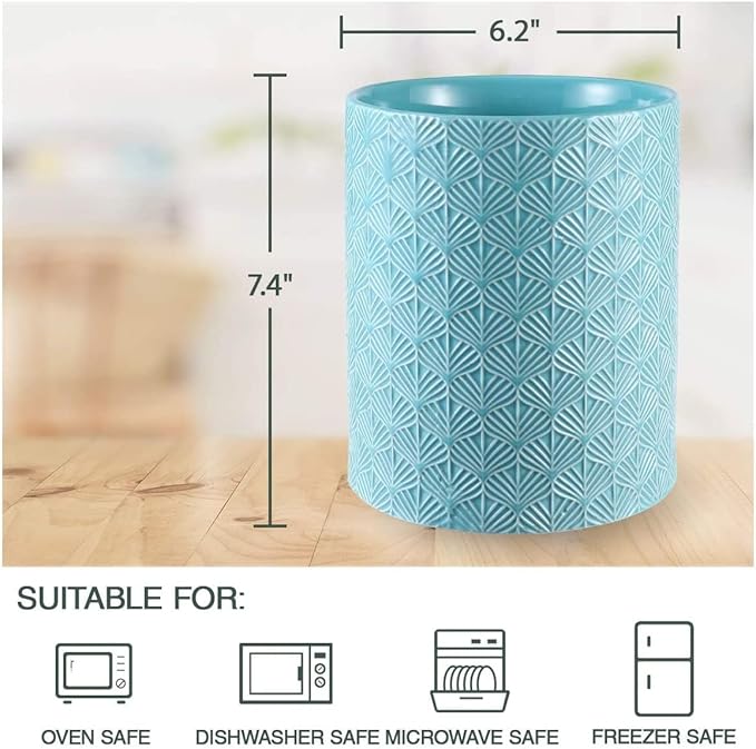 Ceramic Utensils Holder，Extra Large Stable Ceramic Cooking Tool Organizer Set for Kitchen，For Countertop ,Blue