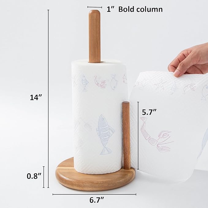 14" Acacia Wooden Paper Towel Holder, 6.7" Large Heavy Base Wooden Kitchen Towel Roll Stand Organizer Free Standing, Rustic Farmhouse Paper Towel Holder Stand, Standing Paper Towel Roll Holders Wood
