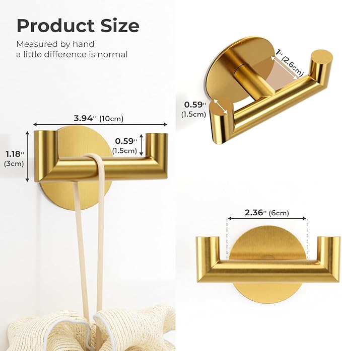 GWAAZXGZ 2 Pack Brushed Gold Bathroom Hooks for Towels - Self Adhesive Double Hooks for Wall, No Drilling, Stainless Steel 304, Strong Hold for Robes, Coats, Shower Use
