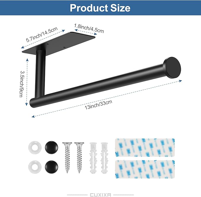 Paper Towel Holder Under Cabinet 2 Pack, Under Counter Paper Towel Holder Wall Mount with Self Adhesive and Screws for Kitchen, Bathroom, RV(Stainless Steel, Black)