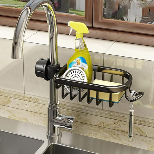 Faucet Sponge Holder Kitchen Sink Caddy Organizer Over Faucet Hanging Drain Rack (Normal, Black)