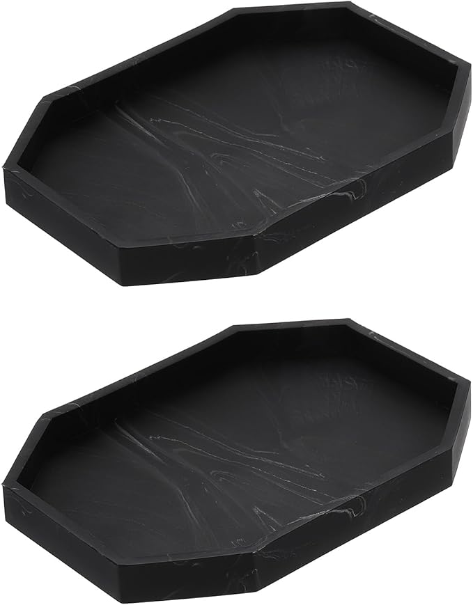 uxcell 2Pcs Bathroom Vanity Tray, 7.9" x 6" Octagon Silicone Soap Dispenser Trays, Shatterproof Kitchen Sink Organizer for Soaps Keys Candle Trinket, Marble Black