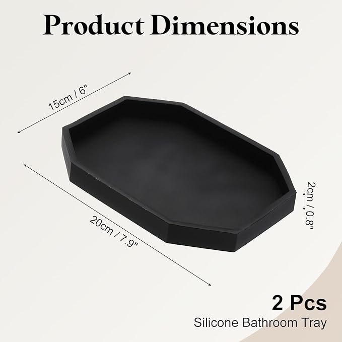 uxcell 2Pcs Bathroom Vanity Tray, 7.9" x 6" Octagon Silicone Soap Dispenser Trays, Shatterproof Kitchen Sink Organizer for Soaps Keys Candle Trinket, Black