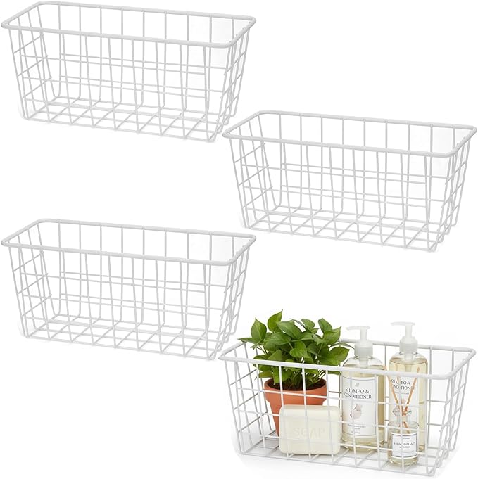 Hanging Kitchen Baskets Adhesive Sturdy Wire Storage Baskets with Kitchen Food Pantry Bathroom Shelf Storage No Drilling Wall Mounted,White,4 Pack