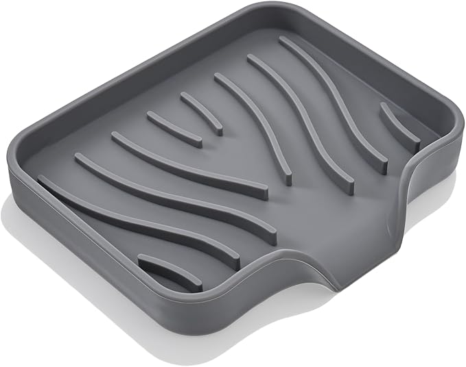 Grevosea Kitchen Sink Sponge Holder, Silicone Dish Sponge Holder with Drain Spout Soap Dish Tray for Shower Bathroom Scrubbers Kitchen Sink Organizer Accessories (Grey, 4.9x3.9 Inch)