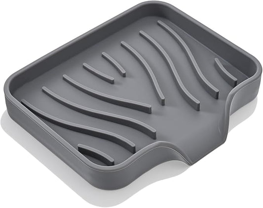 Grevosea Kitchen Sink Sponge Holder, Silicone Dish Sponge Holder with Drain Spout Soap Dish Tray for Shower Bathroom Scrubbers Kitchen Sink Organizer Accessories (Grey, 4.9x3.9 Inch)