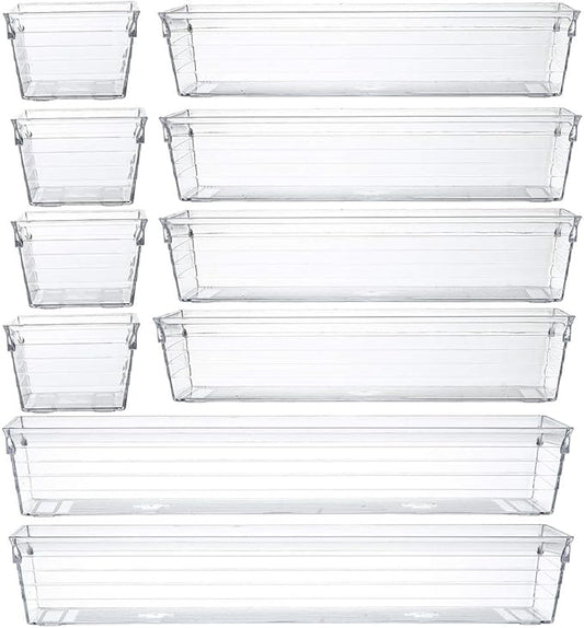 Backerysupply Clear Plastic Drawer Organizer Tray for Vanity Cabinet (Set of 10),Storage Tray for Makeup, Kitchen Utensils, Jewelries, and Gadgets