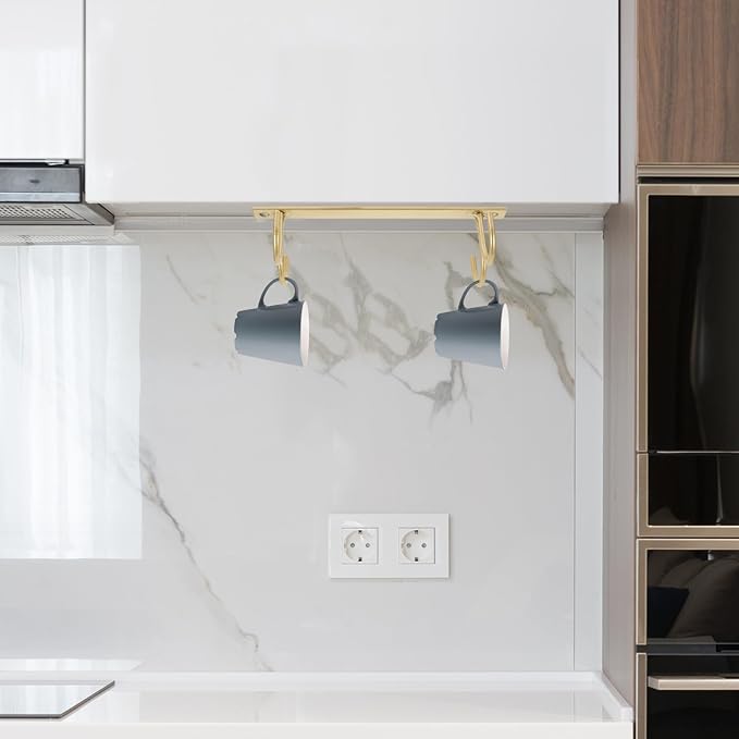 Lurrose Under Cabinet Cupboard Rack Kitchen Utensil Holder Hanger with Gold Hooks Multifunctional Mug Organizer for Kitchen Bedroom Bathroom Storage and Display