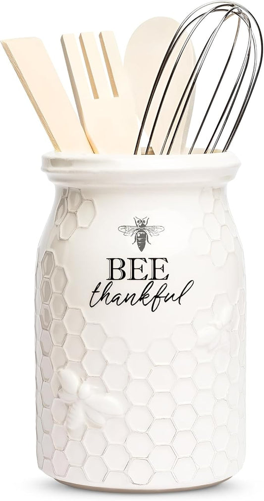 Young's Inc. Ceramic Utensil Holder for Countertop - Kitchen Crock with 3 Wooden Utensils - Large Organizer for Cooking Tools, Flatware, and More - Bee Thankful