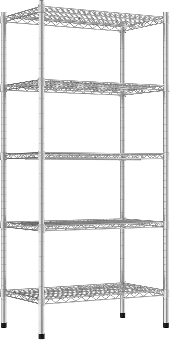 Commercial NSF Listed Chrome Stationary Wire Shelving Kit 18" x 30" x 64", with 5 Shelves Perfect for Warehouse, Walk-in Refrigerator, Freezer, Grocery Store, Restaurant, Dishroom