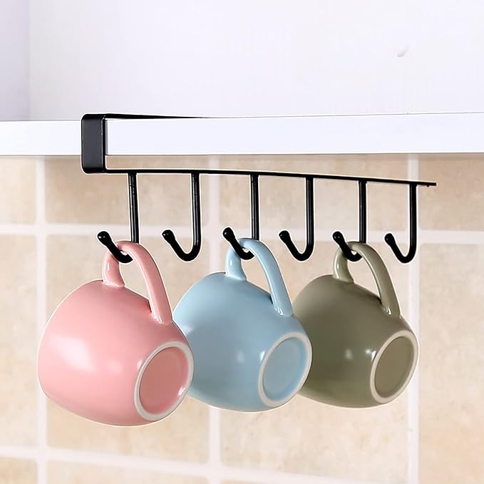 Under Cabinet Coffee Mug Holder - 6 Hooks Cups Storage Rack, Drilling Free, Kitchen Utensil Hanging Hooks Rack 2 Pack (Black 2pcs)