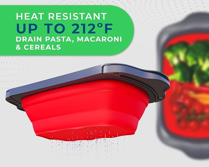 Comfify XL Large Kitchen Strainer - Collapsible Silicone Over-The-Sink Colander with Extendable Handles - Use with Pasta, Fruit, Berries & Veggie - 6 Quart - Red