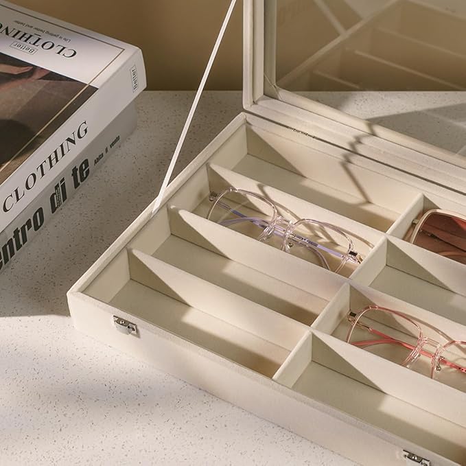 Glasses Holder Box Drawer Sunglass Organizer for Men Clear Wide Storage Case 8 Slots Multiple Reading Glasses Display, Beige Velvet With Clear Glass Lid