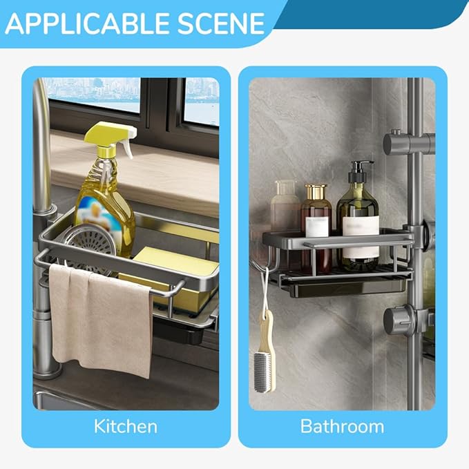 Eadwe Sink Organizer Rack for Kitchen and Bathroom, 2024 New Kitchen Sink Faucet Organizer with Drip Tray Faucet Sponge Holder (Silver, Left+Right)