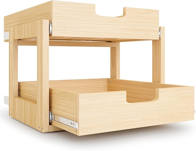 Pull Out Cabinet Organizer, 17''W×21''D×16''H Soft Close Slide Out Wooden Pull out Drawers, Double Tier Slide out Wood Cabinet Organizer, for Base Cabinet Organization in Kitchen, Pantry, Bathroom