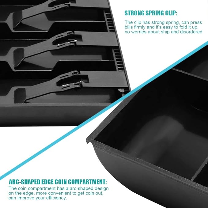 Cash Register Drawer Insert Tray 3 Bill/3 Coin Compartments with Plastic Clip for Money Storage, Black