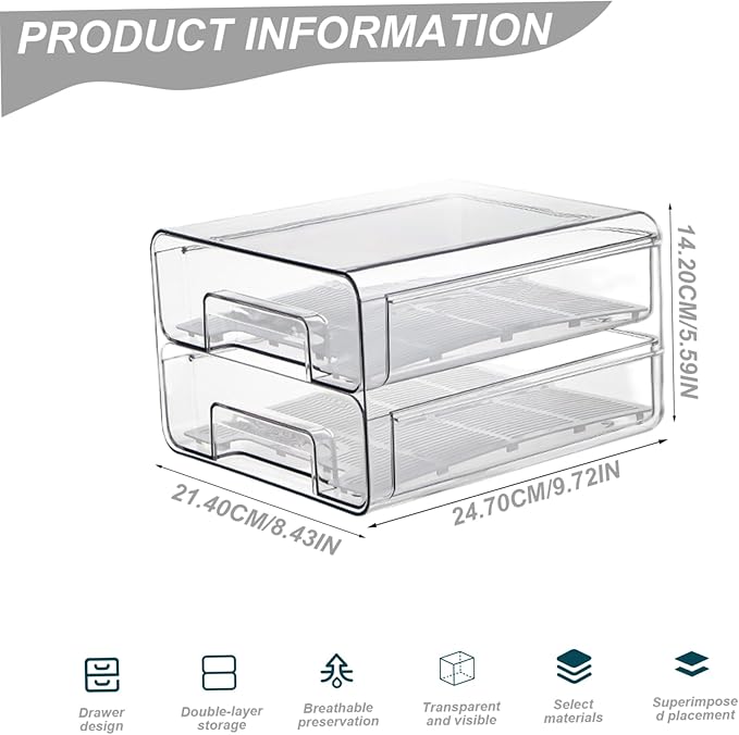 Fridge Drawer 2 Layer Pull-Out Transparent PET Fridge Drawer Organizer Stackable Fresh Keeping Refrigerator Organizer ...