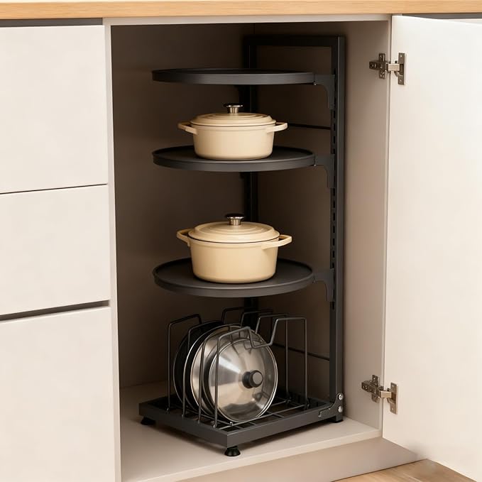 Pssopp Adjustable 4 Tier Pot Organizer, Carbon Steel Under Cabinet Pot Cookware Storage Rack for Pans Lids Kitchen Utensil
