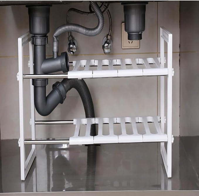 Under Sink Organizer Shelf, 2 Tier Expandable Under Sink Shelf, Retractable Multifunction Under Sink Cabinet Storage Shelf Rack for Kitchen Bathroom