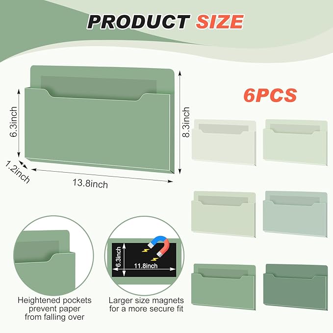 Fuutreo 6 Pcs Magnetic Wall File Organizer Magnetic Wall File Holder Refrigerator Magazine Holder for Mail Letters Paper(Sage Green,8.3 x 13.8 Inch)