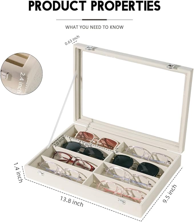 Glasses Holder Box Drawer Sunglass Organizer for Men Clear Wide Storage Case 8 Slots Multiple Reading Glasses Display, Beige Velvet With Clear Glass Lid