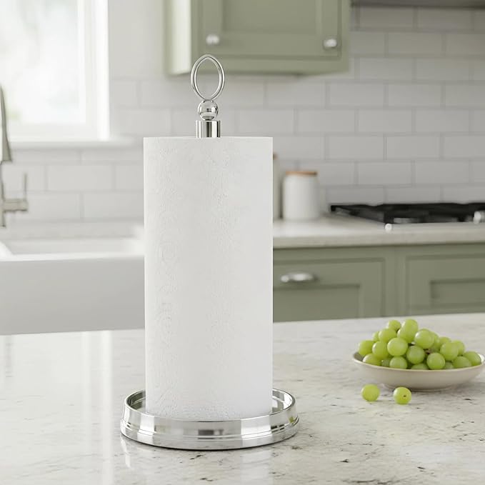 Paper Towel Holder (with Heavy Weighted Base) Steel Paper Holder countertop，Black Paper Towel Holder for Kitchen Countertops, Bars & Dining Tables,Fits Standard & Jumbo Rolls,Chrome
