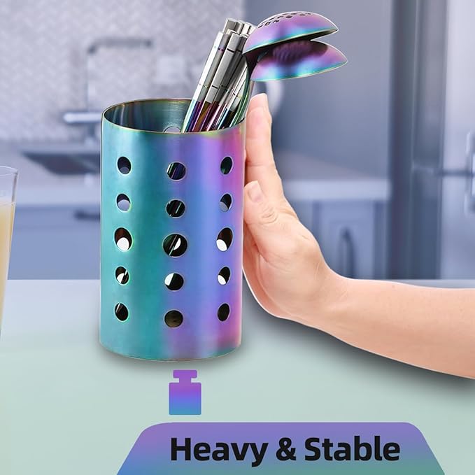 QRU Kitchen Utensil Holder for Countertop (H6.7” x W4.1”), Stainless Steel Cooking Utensil Caddy for Tools, Spatulas, Spoons, Silverware & More, Cooking Utensil Organizer, Kitchen Decor (Rainbow)