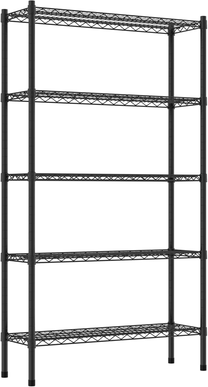 Commercial NSF Listed Black Epoxy Stationary Wire Shelving Kit 12" x 36" x 64", with 5 Shelves Perfect for Warehouse, Walk-in Refrigerator, Freezer, Grocery Store, Restaurant, Dishroom