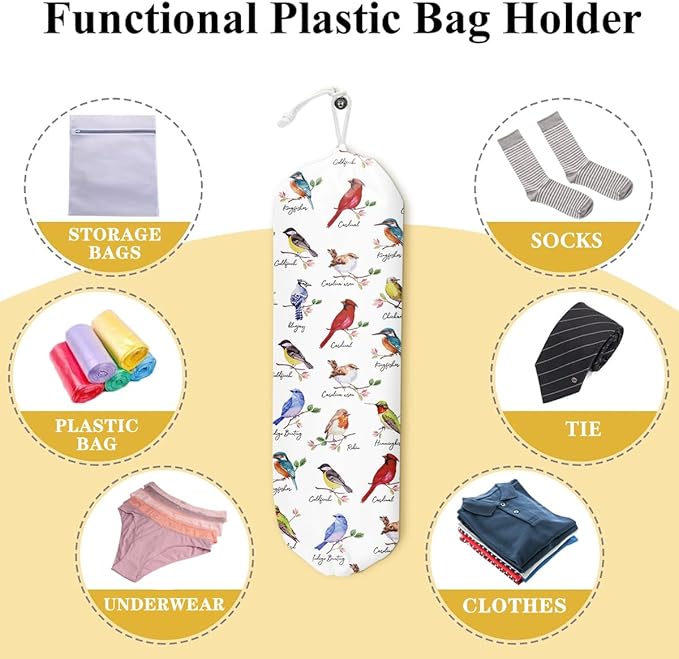 Birds Grocery Bag Holder and Dispenser Birds On Branch Plastic Bags Organizer Garbage Shopping Trash Bags Storage for Home Cardinal Hummingbird Bluejay Gifts for Women Bird Lovers