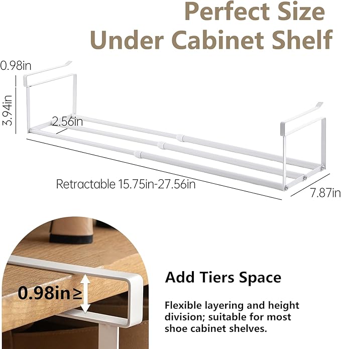 UFORU Expandable Hanging Shoe Rack Organizer for Closet, Adjustable Shoe Rack Under Cabinet Shelf, Versatile Under Shelf Storage for Kitchen, Book, Clothing Storage and Organization(White,2PCS)