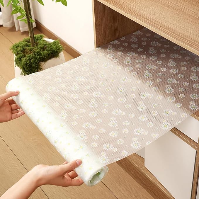 Daisy Flower Shelf Liner for Kitchen Cabinets, Non-Adhesive Drawer Liners, Non-Slip Refrigerator Mat, Washable EVA Cabinet Liner for Pantry, Fridge, Closet, Cupboard, 12" x 10 FT
