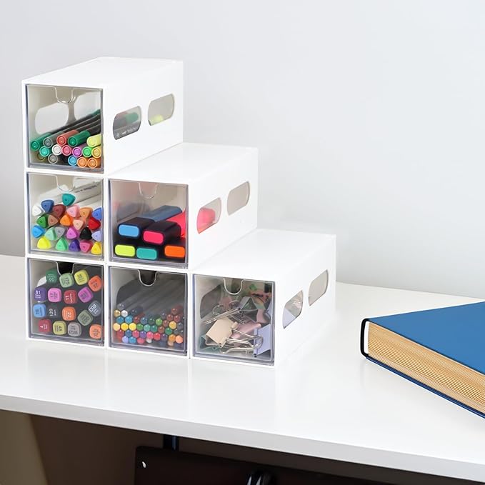 Drawer Organizer Desktop Office Supplies Desk Organizer and Storage Stationary Make Up Jewelry Pen Storage Drawer, Clear Accessories Makeup Organizer Countertop Storage (White, 6 Pack)