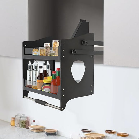 Pull-down Cabinet Organizer 2 Tier, Kitchen Cabinet Organizer Adjustable height, Drop Down Lift Upper Kitchen Spice Rack for Upper Cabinet 22.05x11.02x20.87in 66LBS Load (Pull Down, Style2)