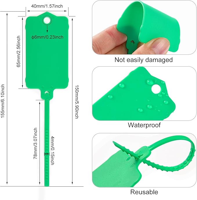 LeadSeals 100pcs Blank Plastic Tags for Labeling Reusable Hanging Tags Ties Key Tag Storage Labels Waterproof Plastic Mark Label Writable Hang Sign with One Marker Pen (Green)
