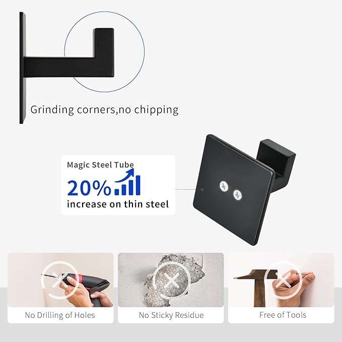 Linatikou Matte Black Adhesive Hooks, 2-Pack Stainless Steel Right Angle Hooks for Towels, Robes, Hats - No Drill Bathroom & Kitchen Organization, Rust-Proof for Smooth Surfaces