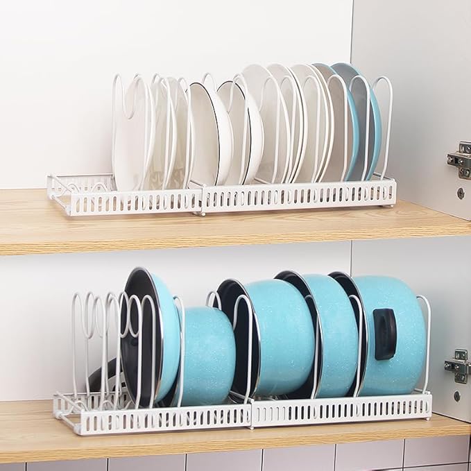 Expandable Pots and Pans Organizer Rack, Pot Lid Kitchen Cabinet Organizer Holder with 10 Adjustable Compartment, Cookware Rack for Kitchen Cabinet Storage, White