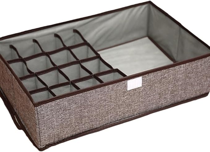 FACELESS Cotton and Linen Fabric Storage Box, Foldable with Lid, Dust-Proof, Drawer Style Partition, Underwear and Socks Storage (Grey+Beige-(17 grids), 12.6X9.84X4.72 IN)