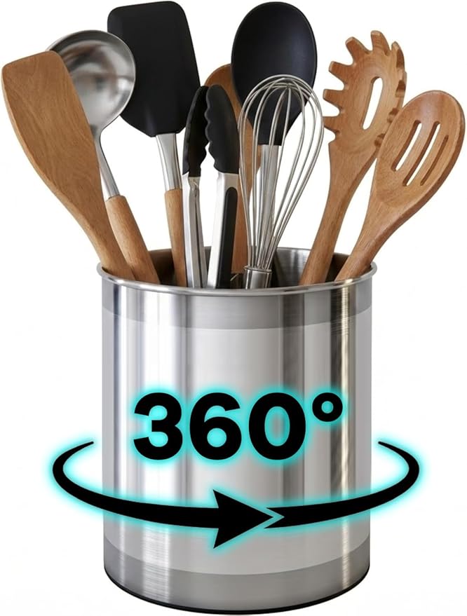 Cooler Kitchen Rotating Extra Large Stainless Steel Utensil Holder Caddy with Sturdy No-Tip Weighted Base, Removable Divider, and Gripped Insert Bottom -Dishwasher Safe Metal Cooking Utensil Holder