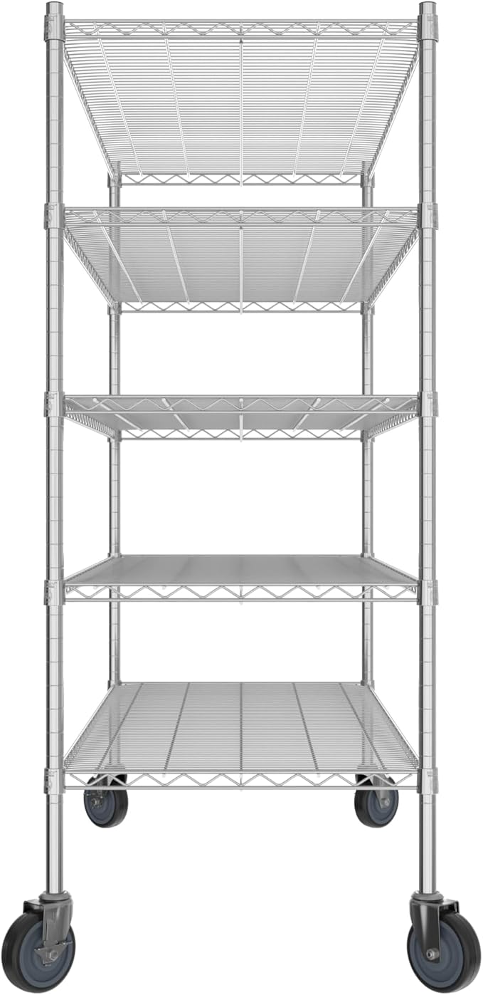 Commercial NSF Listed Chrome Mobile Wire Shelving Kit 24" x 54" x 60", with 5 Shelves Perfect for Warehouse, Walk-in Refrigerator, Freezer, Grocery Store, Restaurant, Dishroom