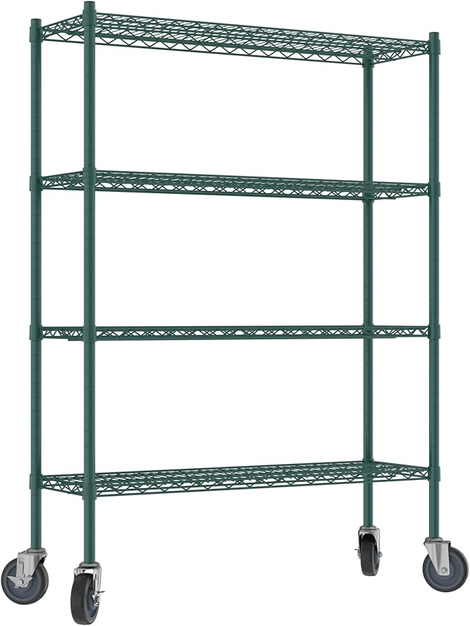 Commercial NSF Listed Green Epoxy Mobile Wire Shelving Kit 14" x 42" x 60", with 4 Shelves Perfect for Warehouse, Walk-in Refrigerator, Freezer, Grocery Store, Restaurant, Dishroom