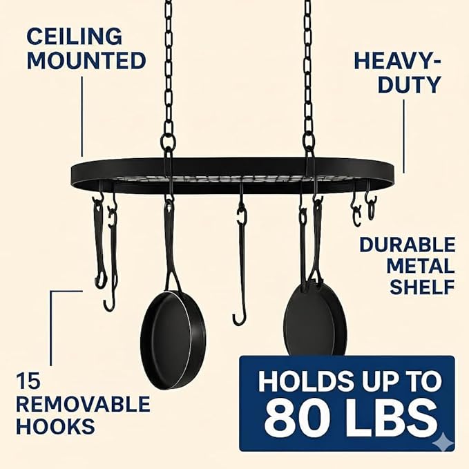 Black Hanging Pot and Pan Rack Organizer Space-Saving Ceiling Mount Cookware Storage Rack 2 Heavy Duty Swag Hangers and 15 S-Hooks; Bonus - 2 Heat Resistant Oven Mitts.Colgador Para ollas Y Sartenes.
