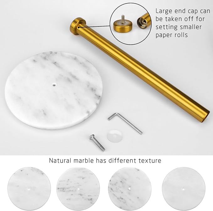 Paper Towel Holder Countertop with 7" Weighted White Marble Base - Modern Free Standing Paper Roll Holder, Brushed Gold Stainless Steel Stand Paper Towel Holder for Kitchen and Bathroom