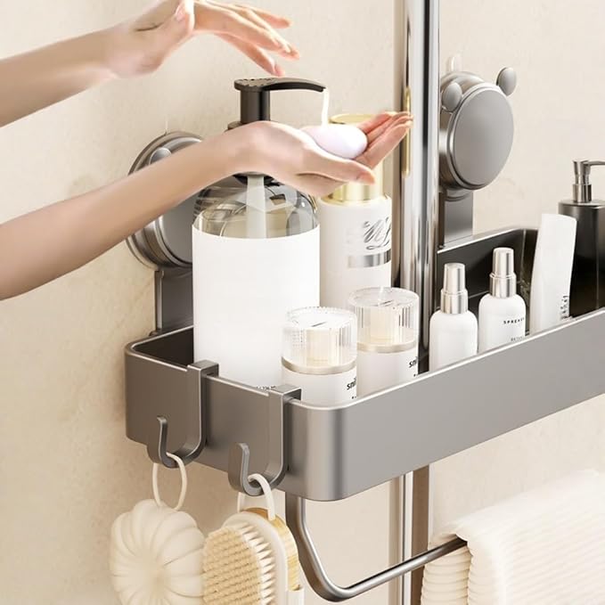 Shower Holder for Soap and Bath Essentials, Suction Cup Wall-Mounted Organizer with Ventilated Design, 30x12.5x4.5cm Plastic Storage Tray for Bathroom or Kitchen Use, Grey