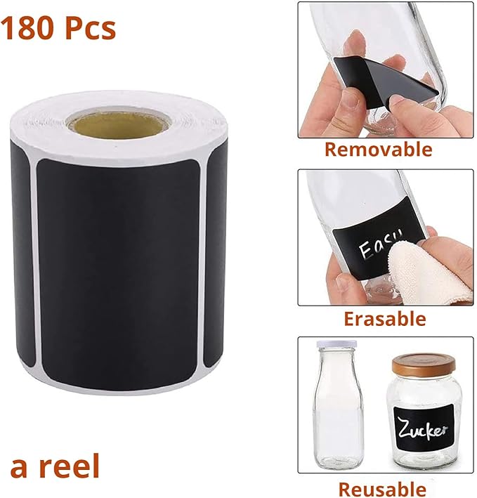 Chalkboard Labels 180pcs Waterproof Reusable Label Stickers with 2 White Liquid Chalk Markers for Storage Bin, Food Container, Mason Jars 5X7.5cm Black