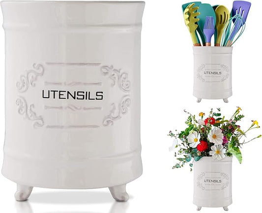 Comfify White Ceramic Utensil Holder – Vintage Style Kitchen Caddy – Shabby Chic Countertop Organizer – Rustic French Country Crock for Cooking Enthusiasts