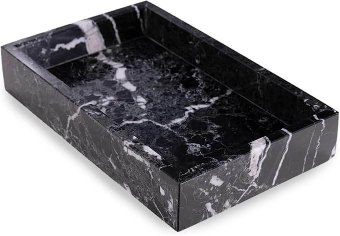 Bey-Berk Ezra Black Zebra Marble Guest Towel Tray – Rectangular Bathroom Vanity Organizer for Countertop Storage
