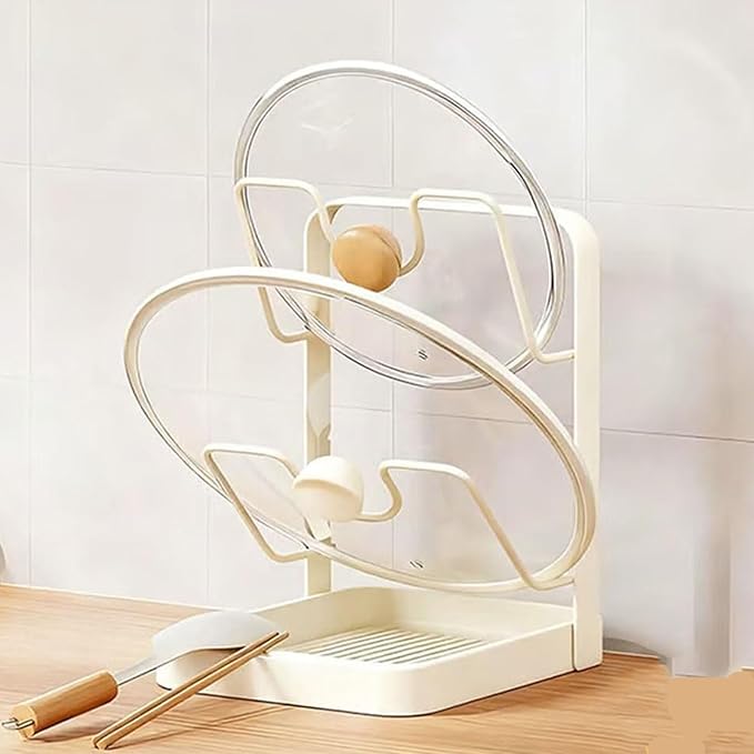 Kitchen Pot Lid Storage Rack with U-Shaped Slots, Carbon Steel Countertop Lid Holder with Removable Drip Tray, Vertical Organizer for Pots and Pans (White double layer)