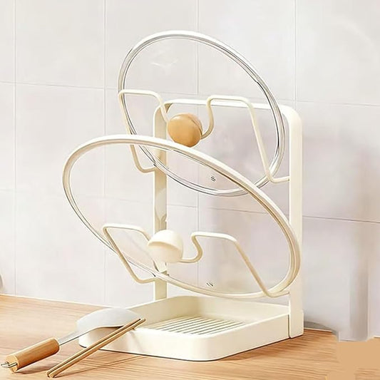 Kitchen Pot Lid Storage Rack with U-Shaped Slots, Carbon Steel Countertop Lid Holder with Removable Drip Tray, Vertical Organizer for Pots and Pans (White double layer)