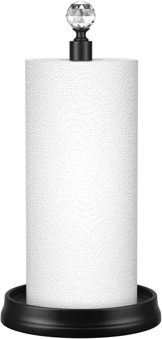 Paper towel holder (with crystal head) Steel Paper towel holder countertop，Black paper towel holder for Kitchen Countertops, Bars & Dining Tables,Fits Standard & Jumbo Rolls,Matte Black